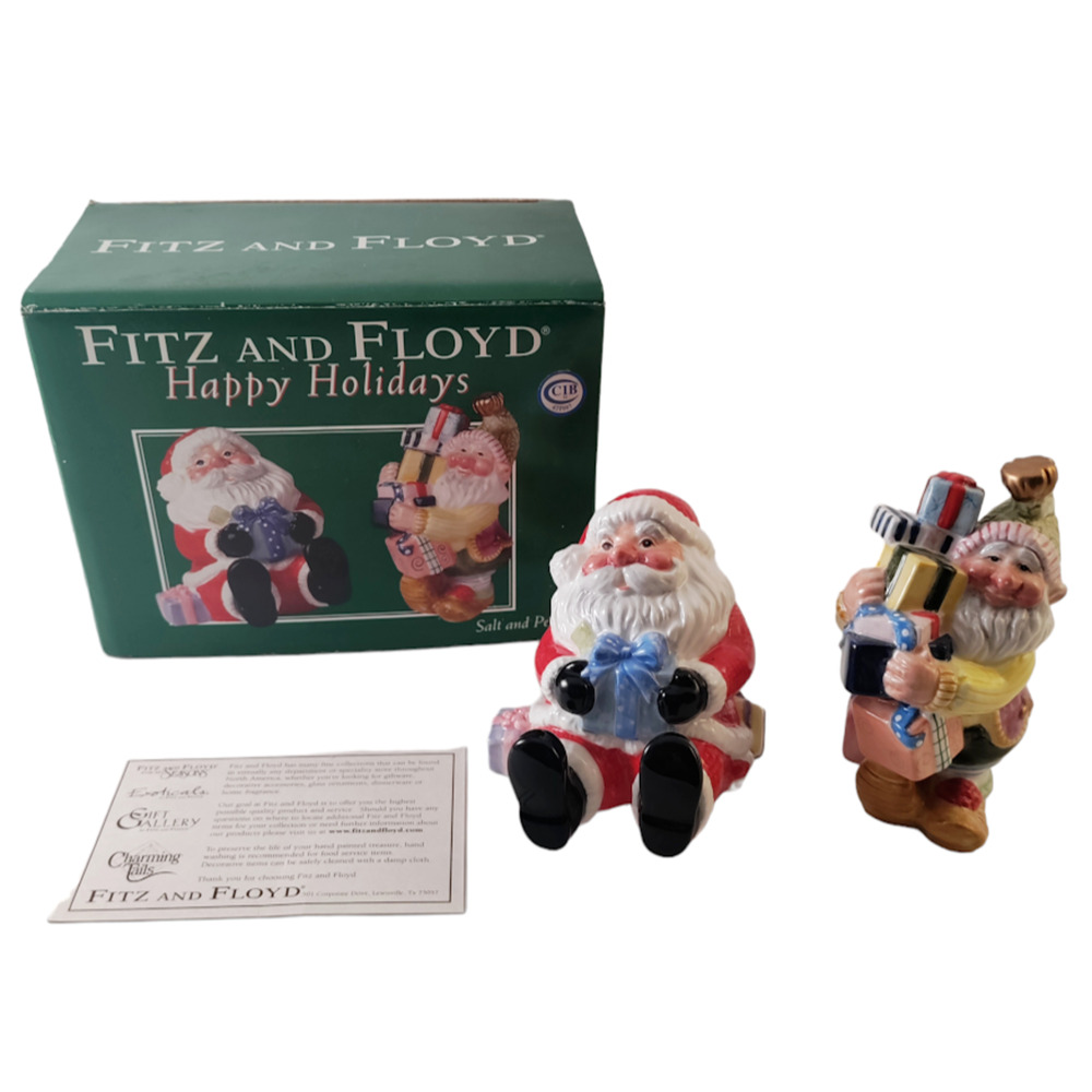 Fitz And Floyd Santa Elf Salt Pepper Shakers Happy Holidays Christmas - 2004